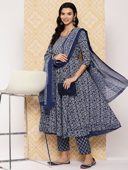 Dhiyona KL Women Ethnic Motifs Printed Regular Pure Cotton Kurta with Trousers & Dupatta