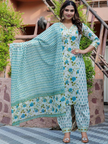 Dhiyona KL Women Floral Printed Regular Mirror Work Pure Cotton Kurta with Salwar & With Dupatta