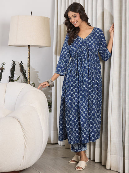 V-Neck Floral Printed Empire Pure Cotton Kurta with Trouser