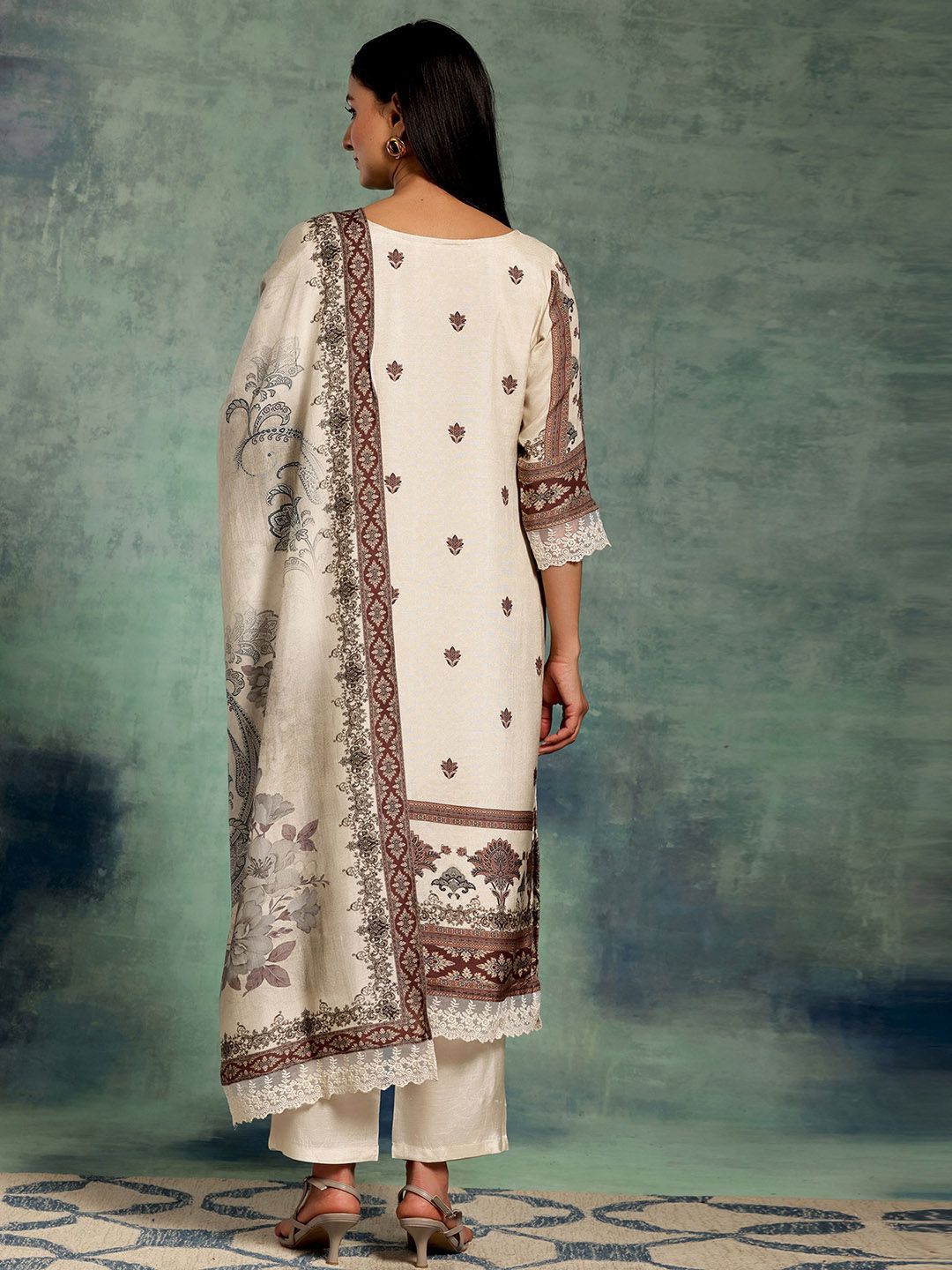 Dhiyona LL Beige Printed Ethnic Motifs Sequinned Straight Kurta With Palazzos & Dupatta