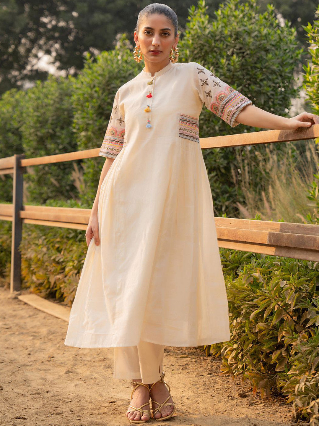 Ethnic Motifs Yoke Design Mandarin Collar Pure Cotton A-Line Kurta With Trousers