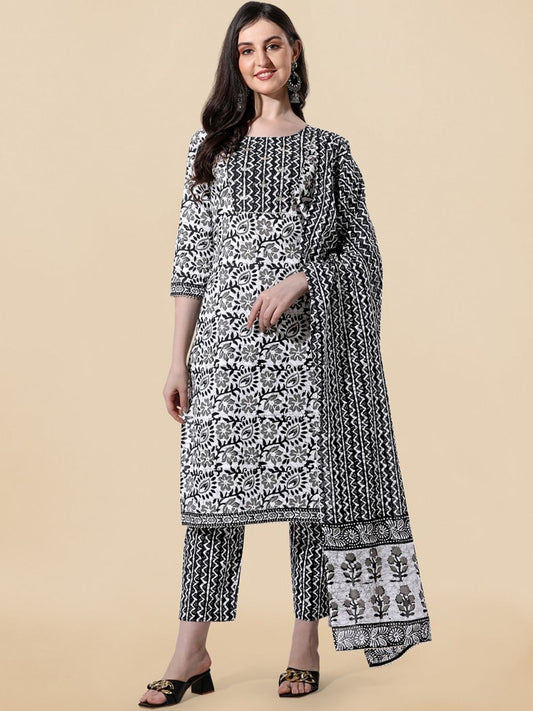 Dhiyona KL Ethnic Motifs Printed Pure Cotton Kurta with Trousers & With Dupatta