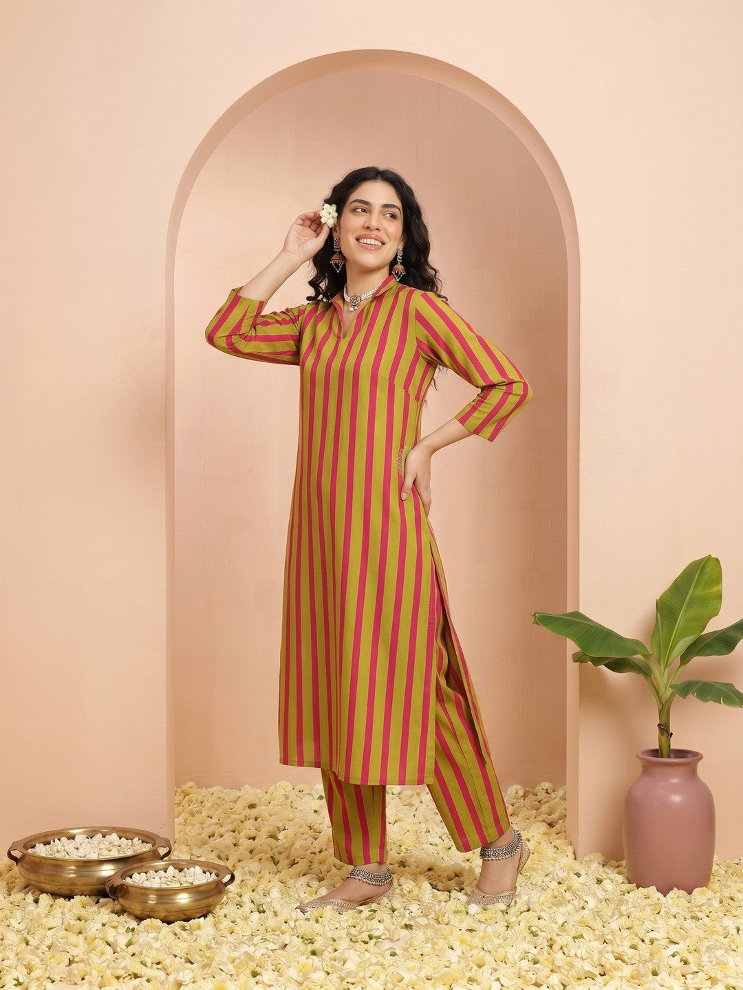 Vertically Striped Zari & Sequinned Detail Straight Kurti with Palazzos