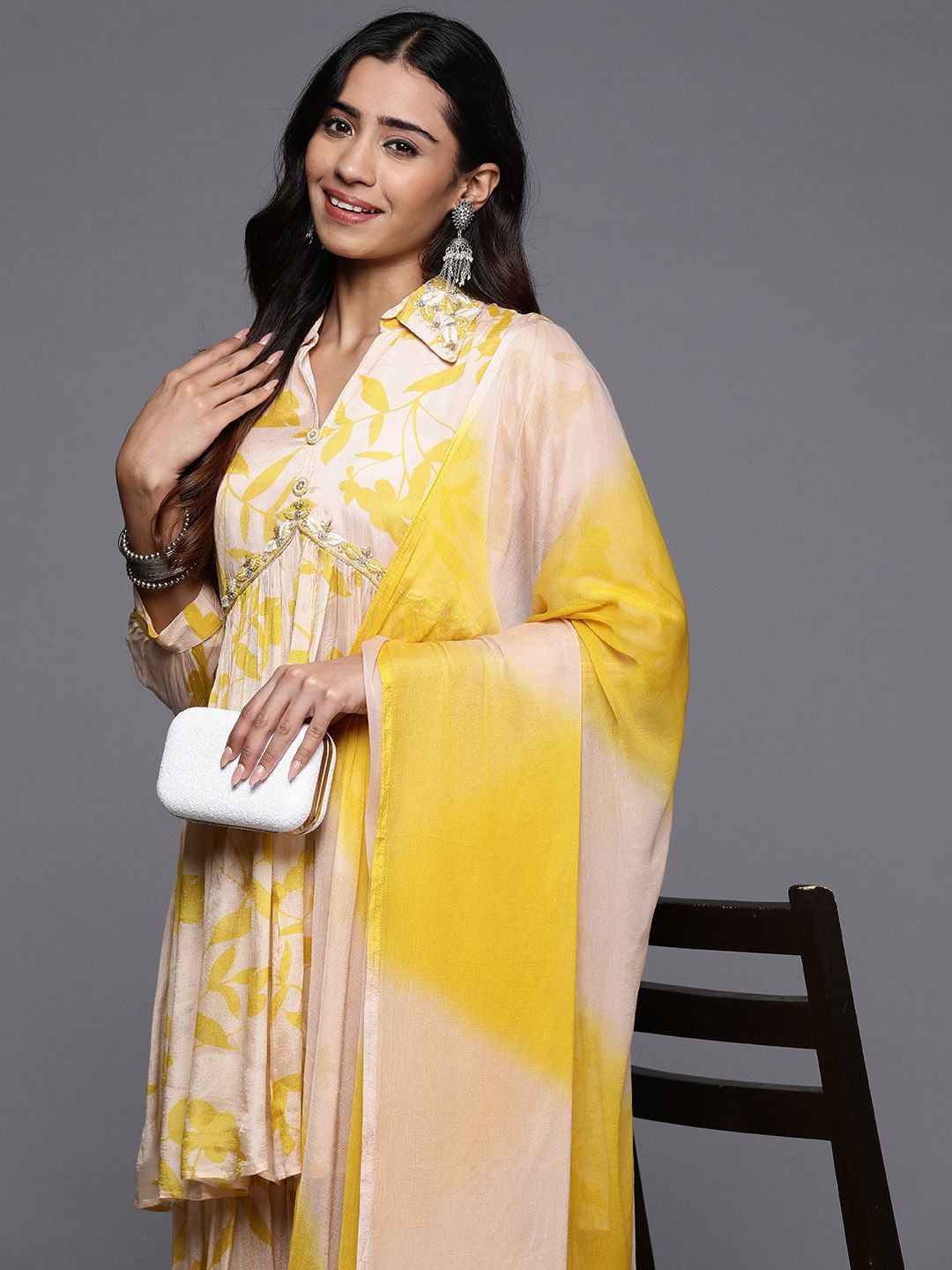 Dhiyona VA Floral Embroidered Empire Beads & Stones Pure Silk Kurti with Sharara & Dupatta