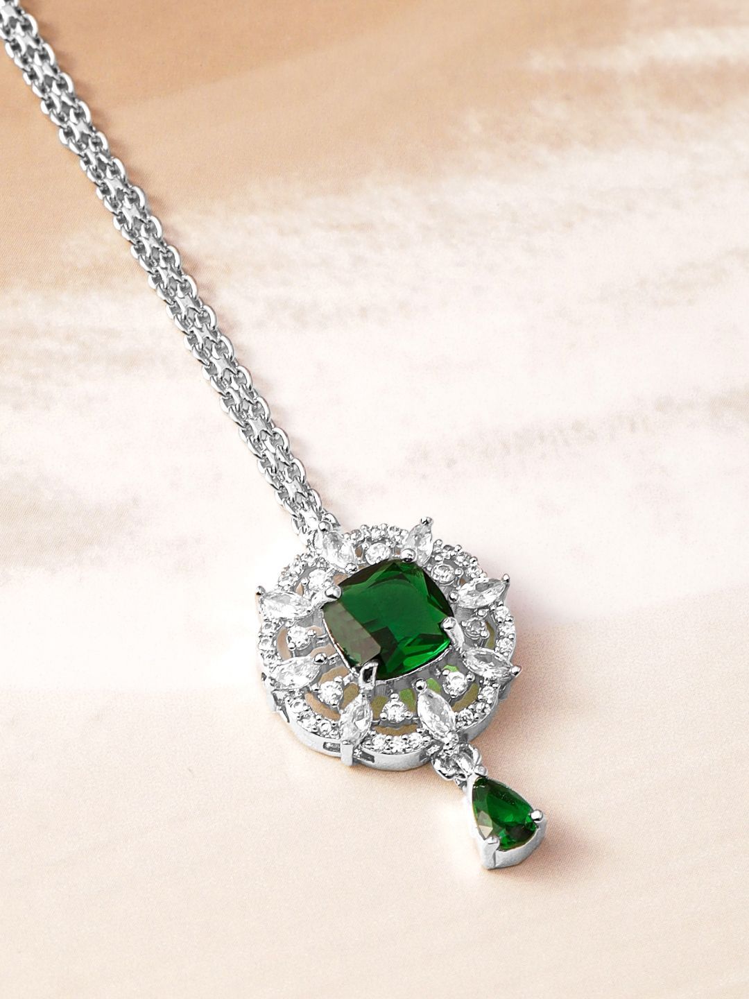 Dhiyona RJ Women's Rhodium-Plated Emerald Green & Cubic Zirconia Studded Maang Tikka