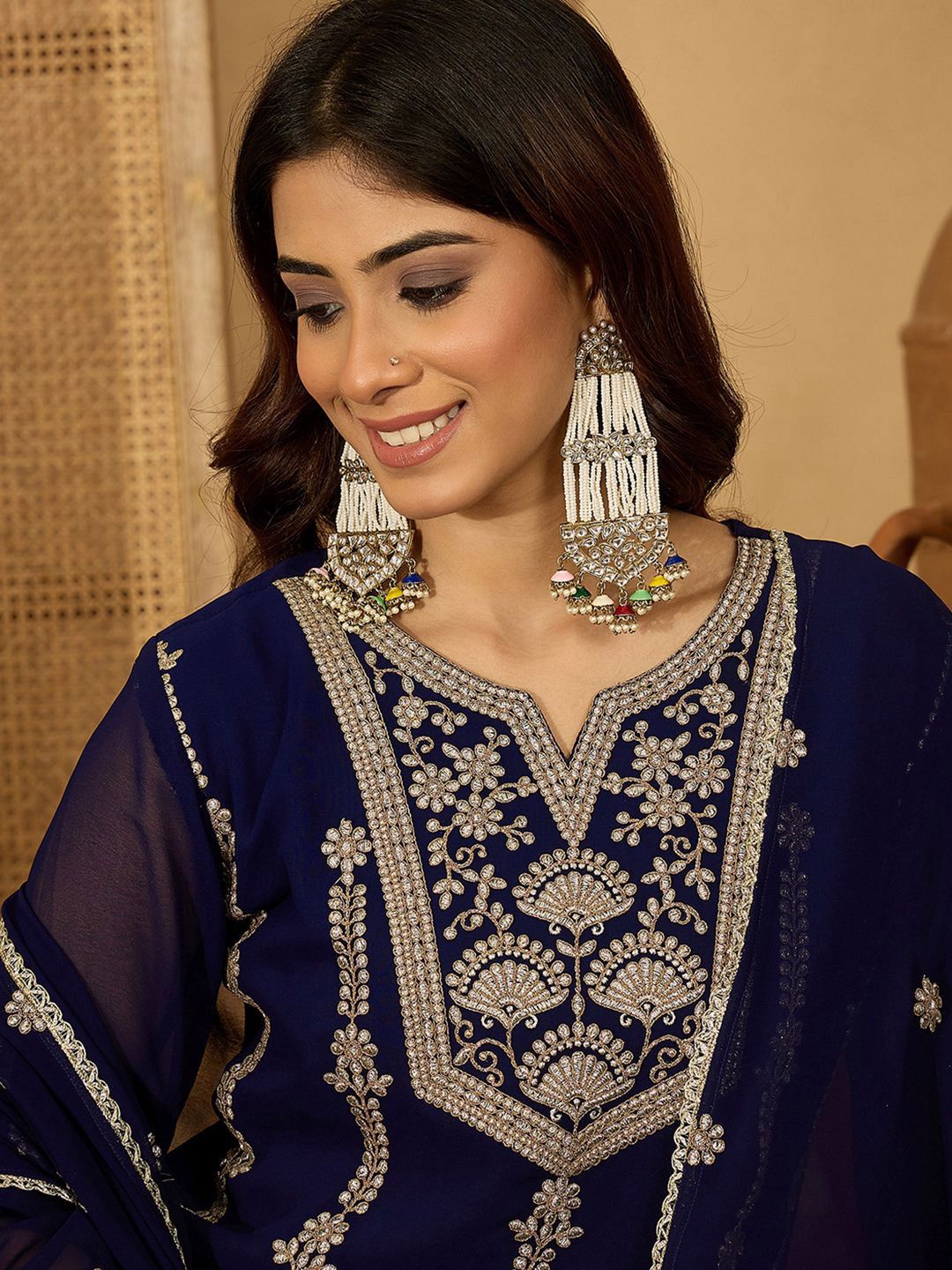 Dhiyona SN Zari Sequence Embroidered Georgette Kurta With Palazzo And Dupatta