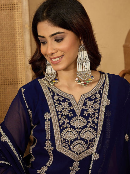 Dhiyona SN Zari Sequence Embroidered Georgette Kurta With Palazzo And Dupatta