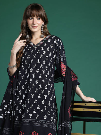 Floral Printed Regular Pure Cotton Kurta with Trousers & Dupatta