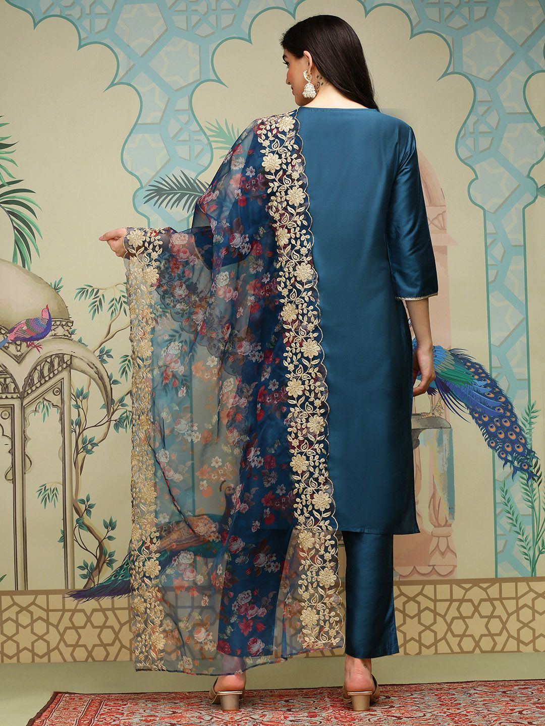 Dhiyona IS Women's Notch Neck Thread Work Silk Crepe Straight Kurta with Trousers & Dupatta
