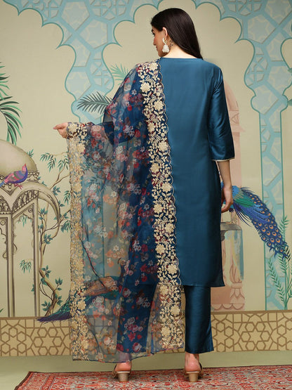 Dhiyona IS Women's Notch Neck Thread Work Silk Crepe Straight Kurta with Trousers & Dupatta