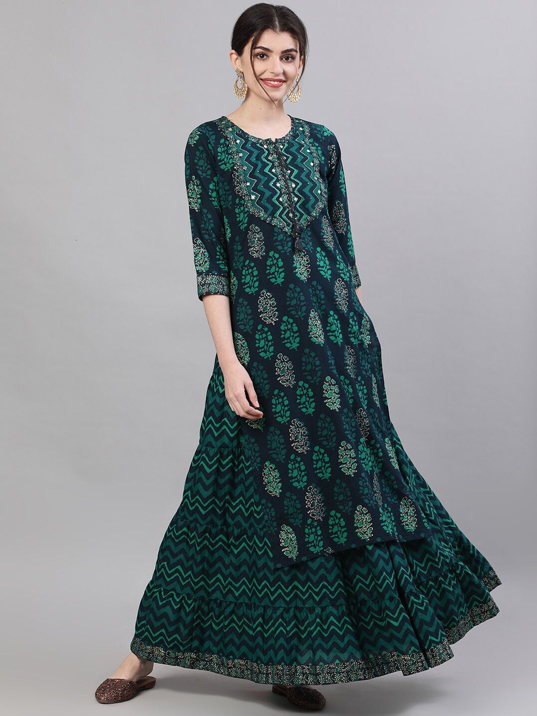 Dhiyona IS Women's Women Navy Blue & Green Printed Kurta with Skirt
