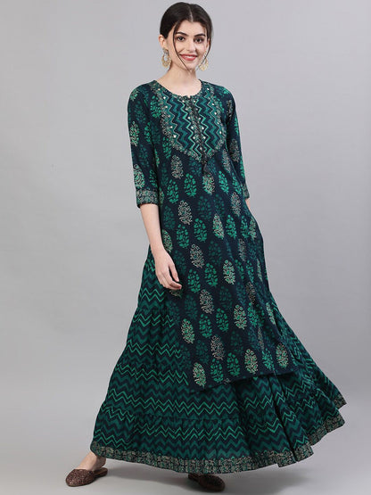 Dhiyona IS Women's Women Navy Blue & Green Printed Kurta with Skirt
