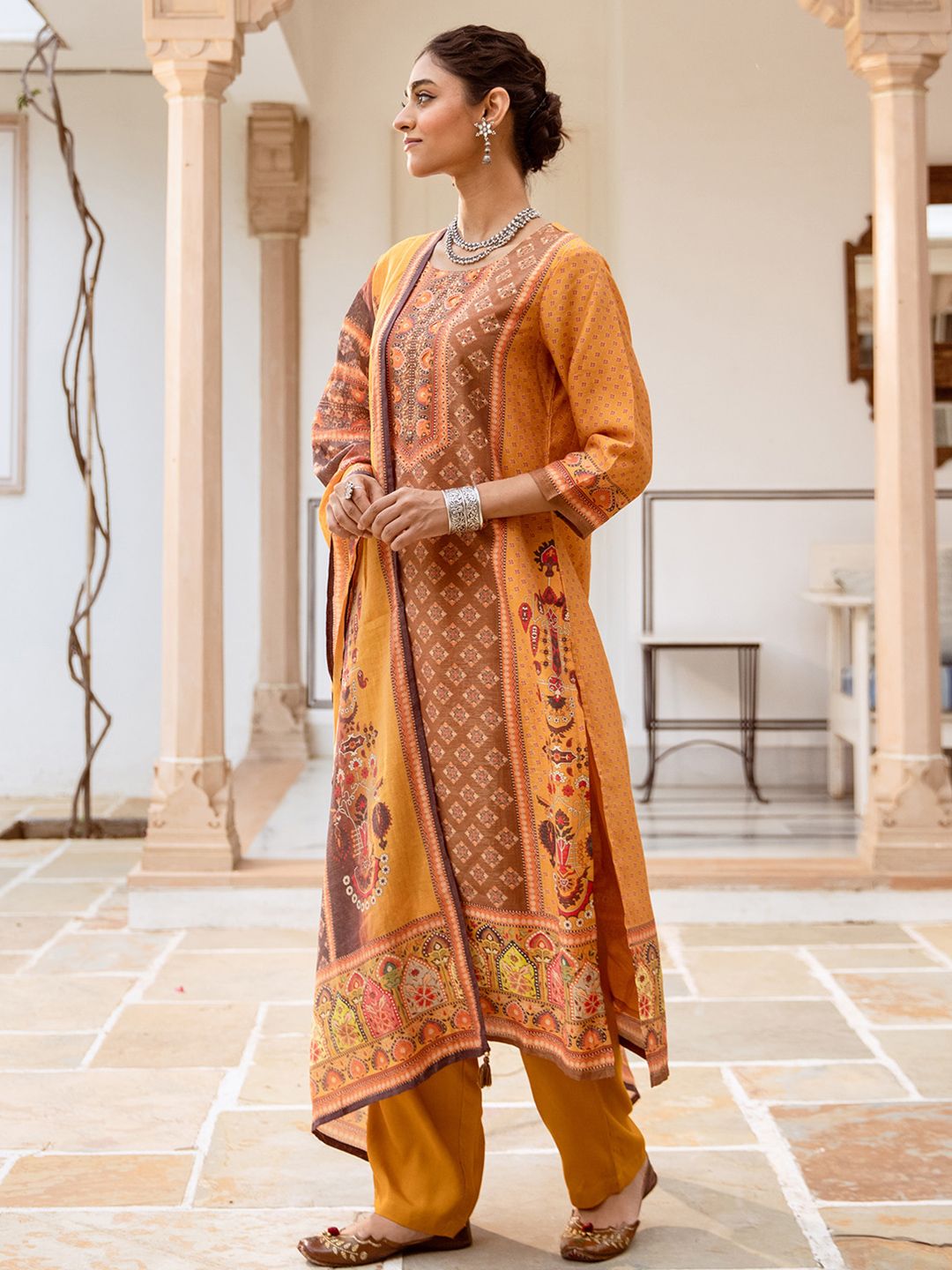 Dhiyona IS Women's Ethnic Motifs Printed Pure Cotton Round Neck Straight Kurta with Trousers & Dupatta