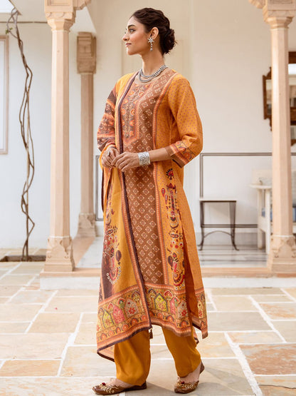 Dhiyona IS Women's Ethnic Motifs Printed Pure Cotton Round Neck Straight Kurta with Trousers & Dupatta