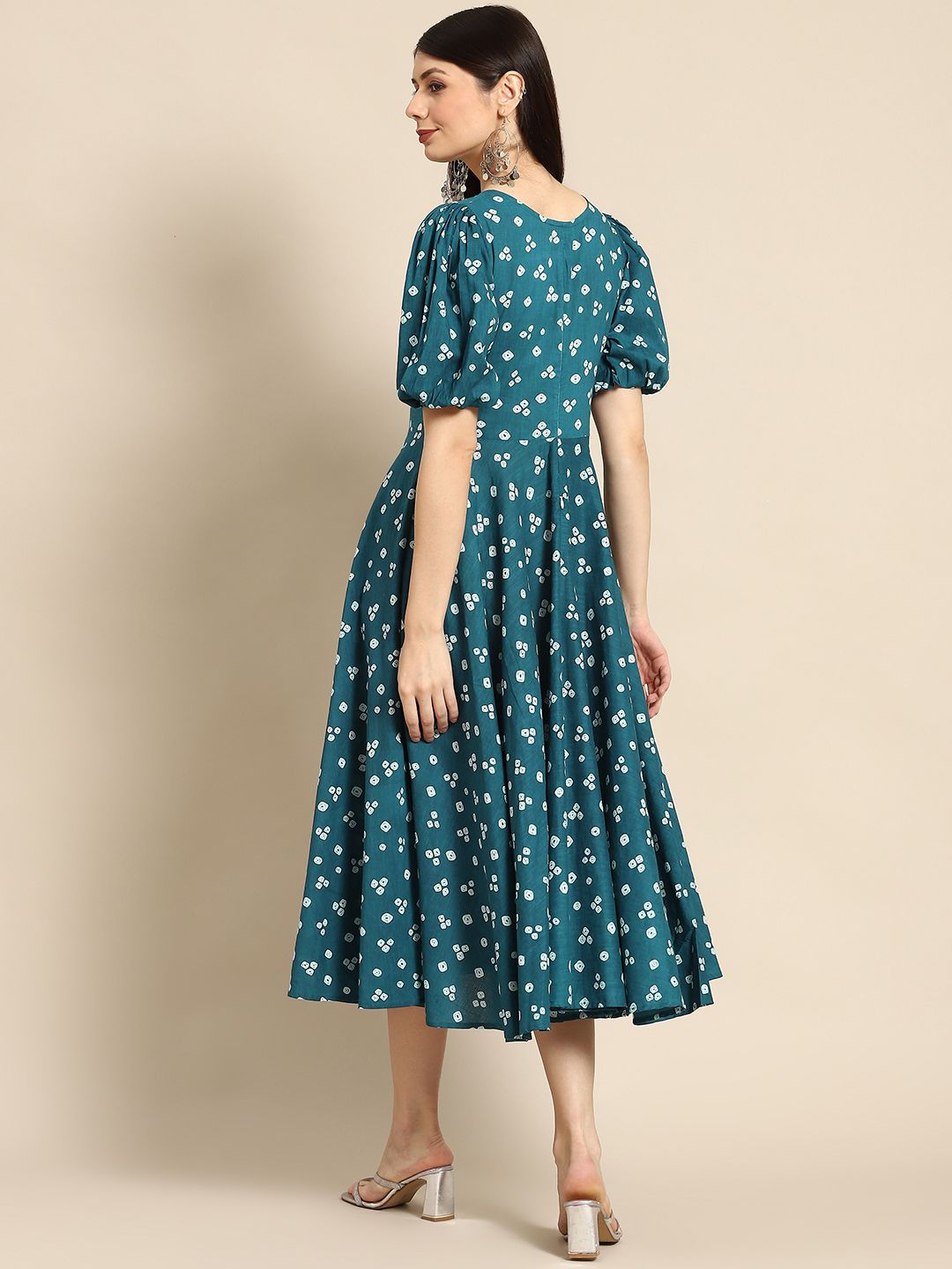 Dhiyona AY Women's Teal Green & White Bandhani Printed Pure Cotton A-Line Midi Dress