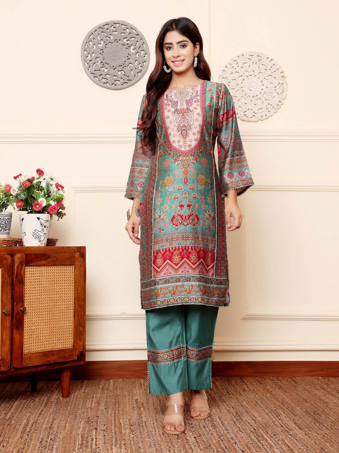 Turquoise Blue Ethnic Motifs Printed Chanderi Silk Tunic With Trousers