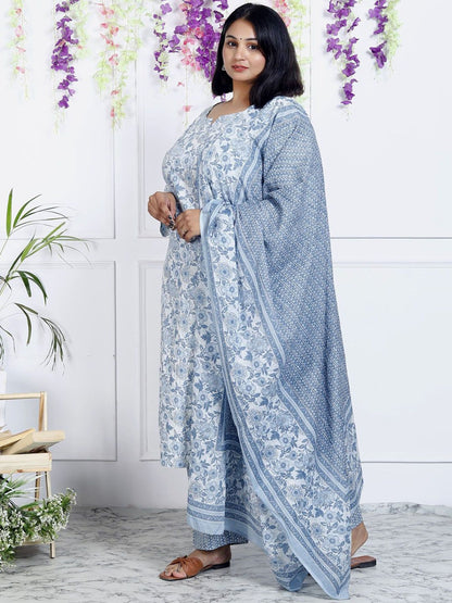 Dhiyona KL Women Floral Printed Regular Sequinned Pure Cotton Kurta with Trousers & With Dupatta
