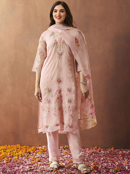 Dhiyona IS Women's Women Floral Embroidered Regular Kurta with Trousers & With Dupatta