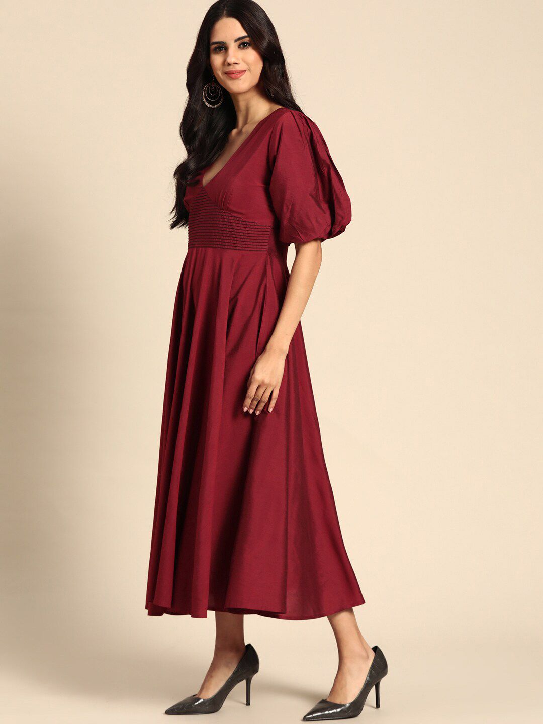 Dhiyona AY Women's Maroon Solid Puff Sleeves V Neck Embroidered Detail Midi Dress