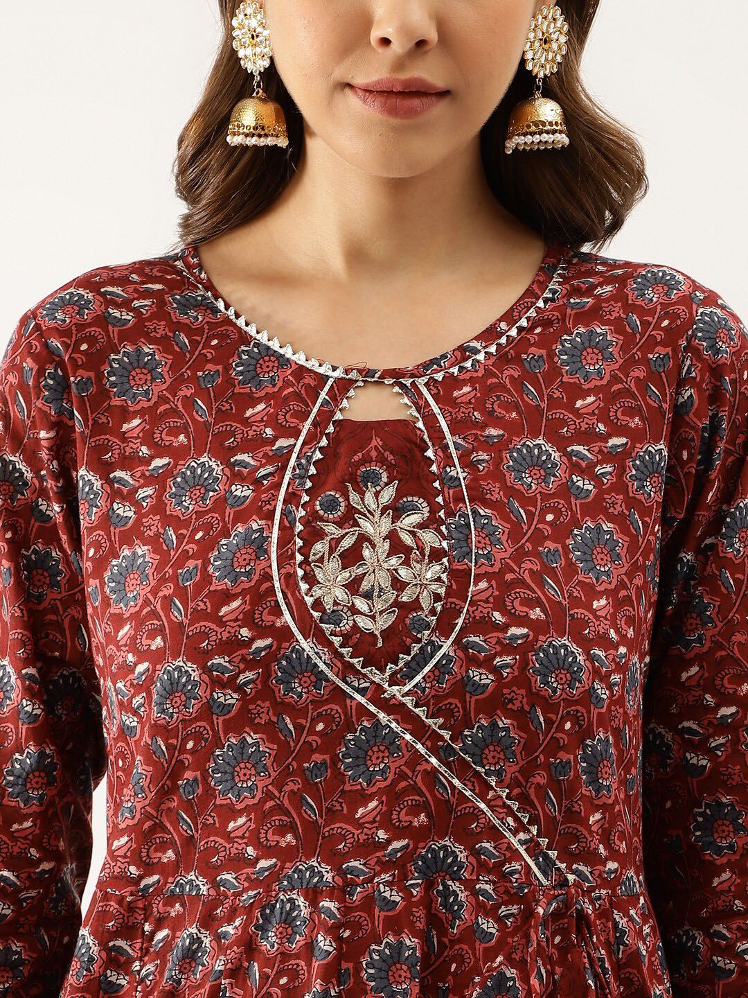 Dhiyona KL Floral Printed Gotta Patti Pure Cotton Anarkali Kurta & Trousers With Dupatta
