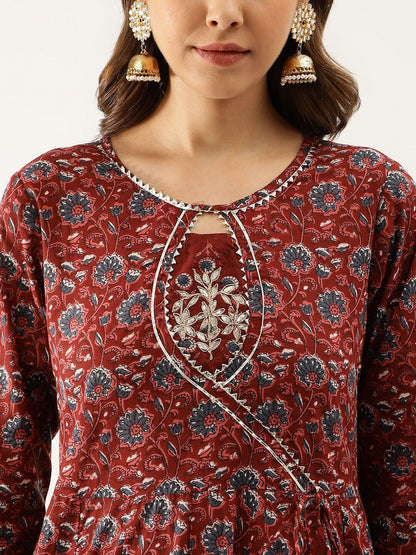 Dhiyona KL Floral Printed Gotta Patti Pure Cotton Anarkali Kurta & Trousers With Dupatta