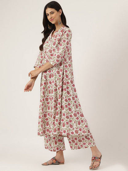 Dhiyona KL Floral Printed Mandarin Collar Pure Cotton Anarkali Kurta With Palazzos & Dupatta