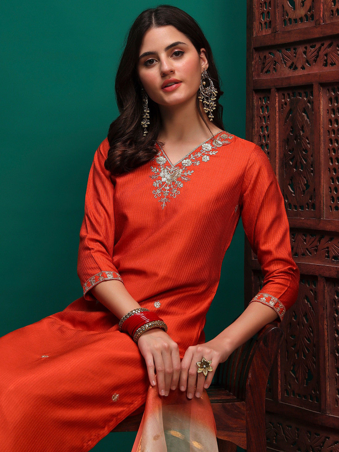 Sequin Embroidered Straight Kurta & Trousers With Dupatta