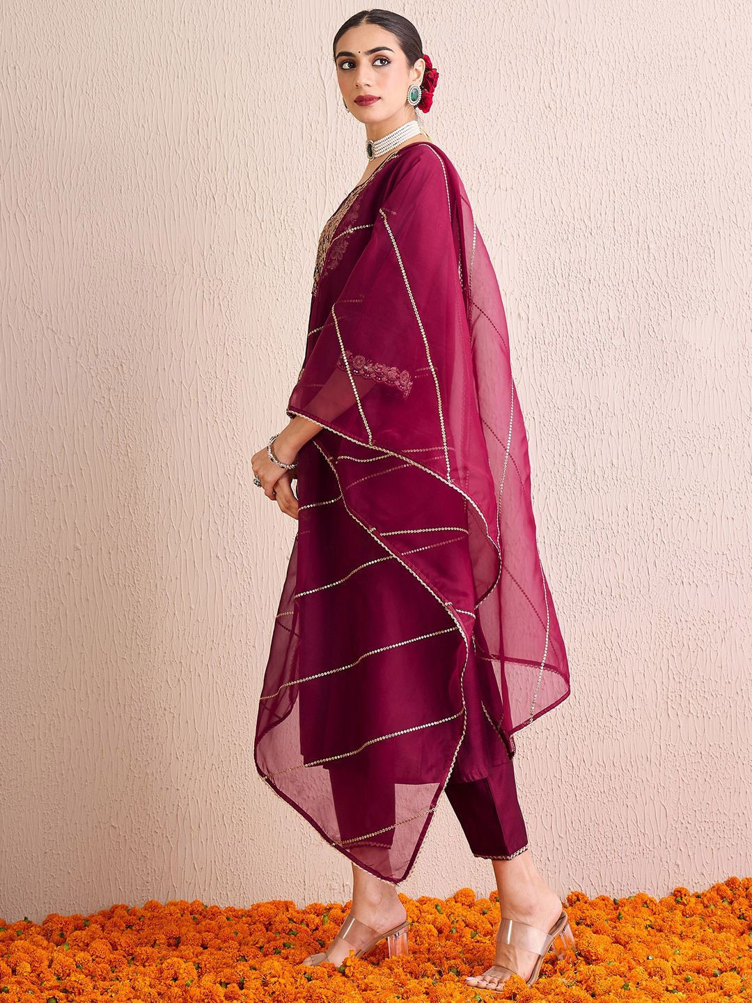 Women Floral Embroidered Pleated Thread Work Liva Kurta with Palazzos & With Dupatta