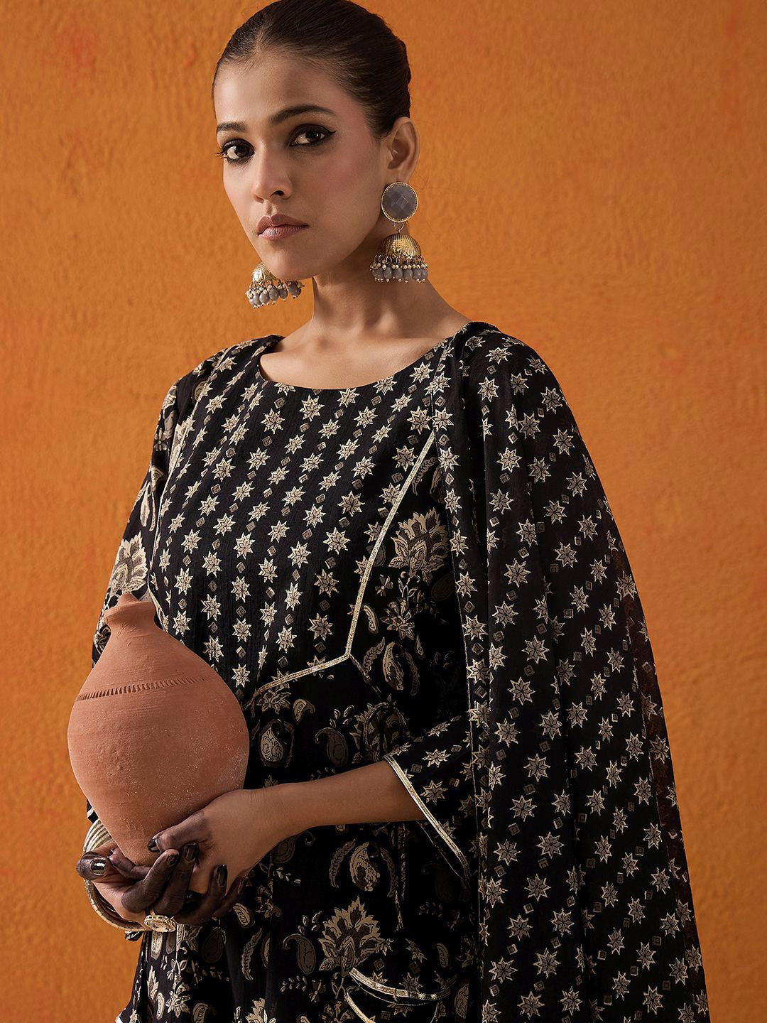 Black Floral Printed Gotta Patti Pure Cotton Kurta with Palazzo & Dupatta