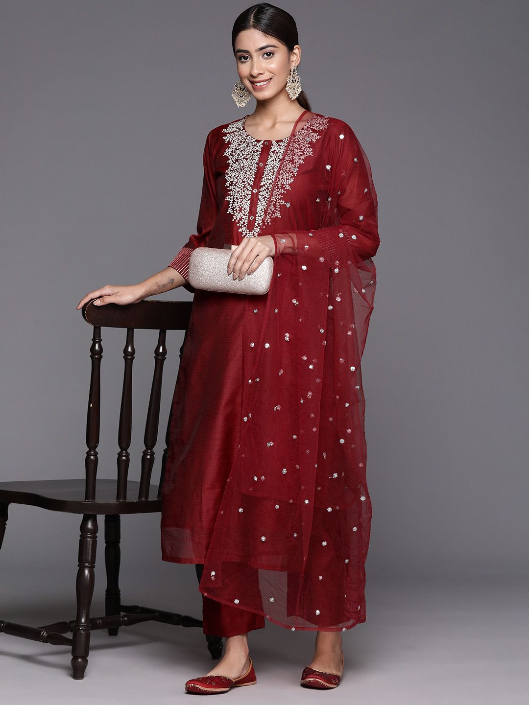 Maroon Floral Embroidered Regular Chanderi Silk Zari Kurta with Trousers & Dupatta