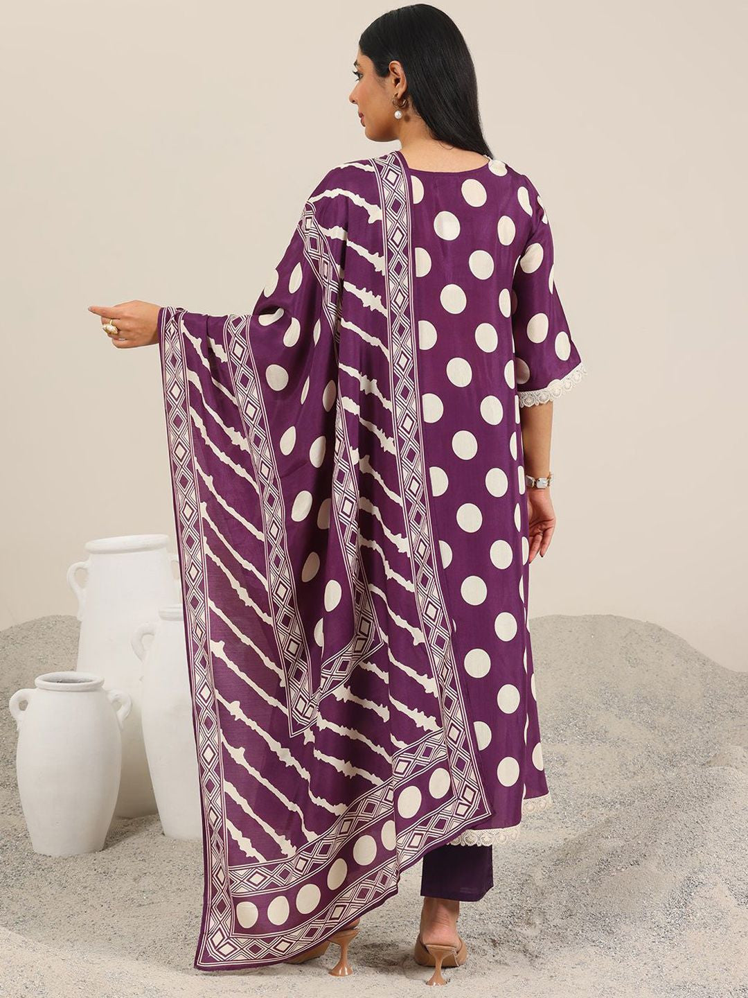 Polka Dot Printed V-Neck Straight Kurta With Trouser & Dupatta