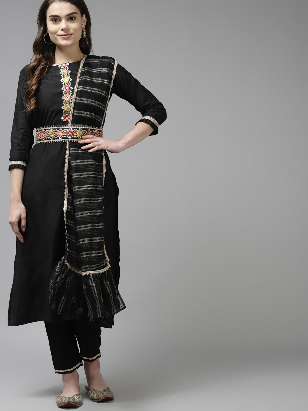 Women Black Liva Sequin Detail Kurta with Trousers & Dupatta