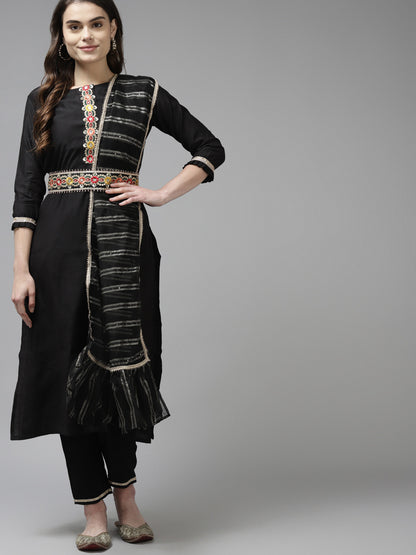 Women Black Liva Sequin Detail Kurta with Trousers & Dupatta