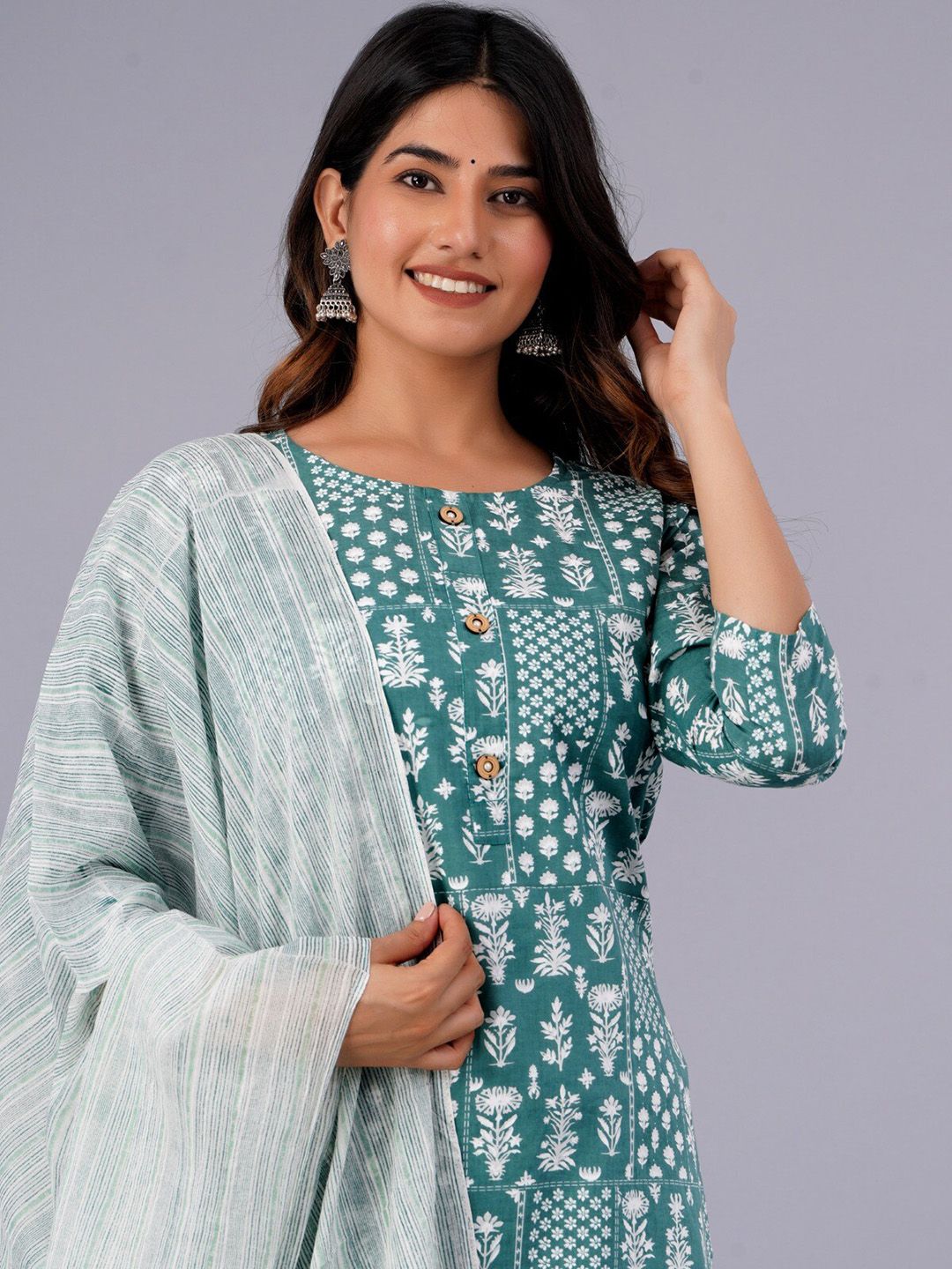 Dhiyona KL Ethnic Motifs Printed Pure Cotton Kurta With Palazzo & With Dupatta