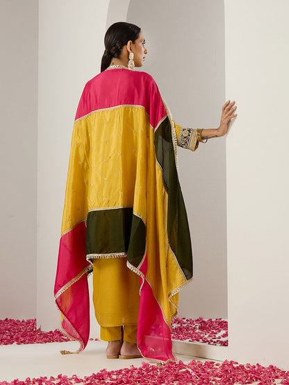 Dhiyona IS Women's Ethnic Motifs Embroidered Regular Gotta Patti Straight Kurta with Trousers & Dupatta
