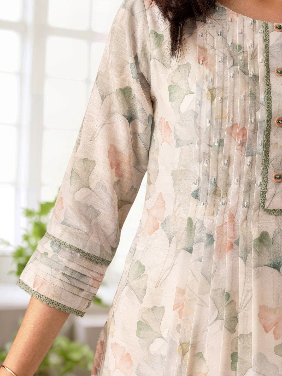 Dhiyona IS Women's White Floral Printed Beads & Stones A-Line Kurta & Trousers With Dupatta