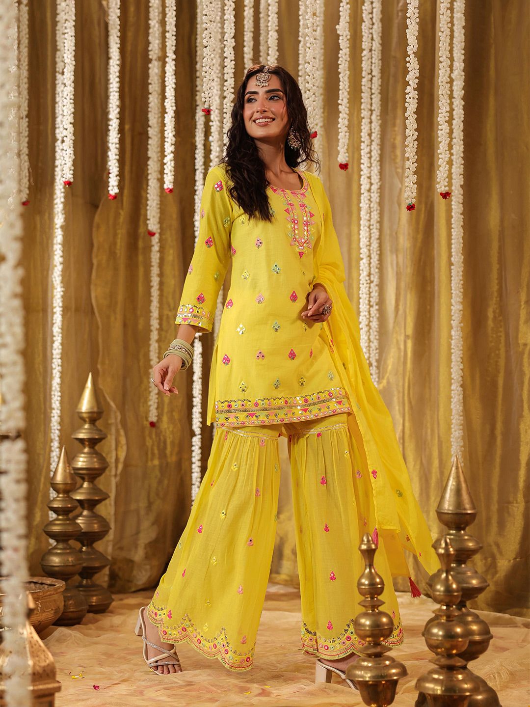 Dhiyona SC Geometric Embroidered Mirror Work Pure Cotton Kurti With Sharara & Dupatta