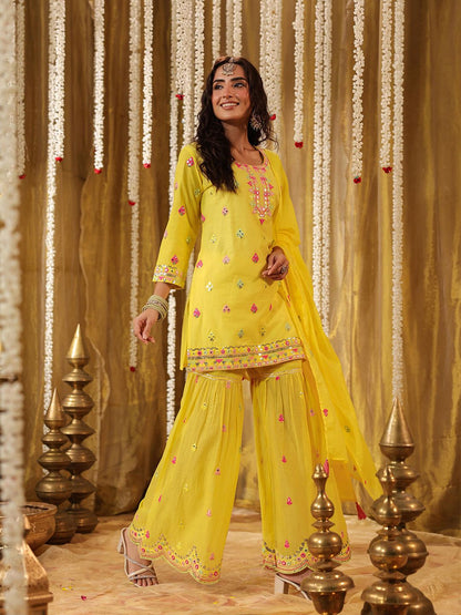 Dhiyona SC Geometric Embroidered Mirror Work Pure Cotton Kurti With Sharara & Dupatta
