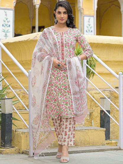 Dhiyona KL Women Floral Printed Cotton Kurta with Trousers & Dupatta
