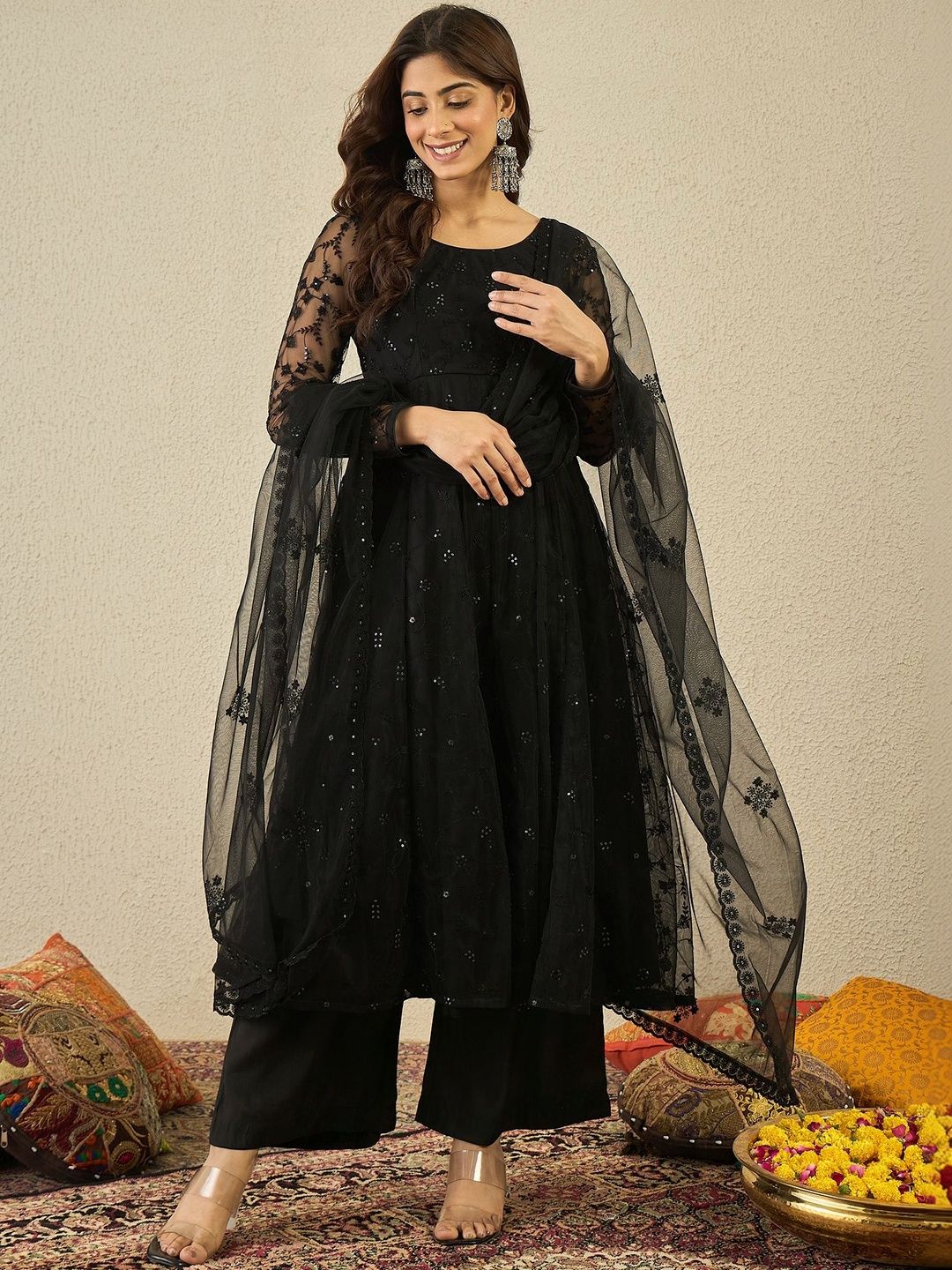 Dhiyona IN Women Ethnic Motifs Embroidered Tiered Sequinned Kurta with Palazzos & With Dupatta