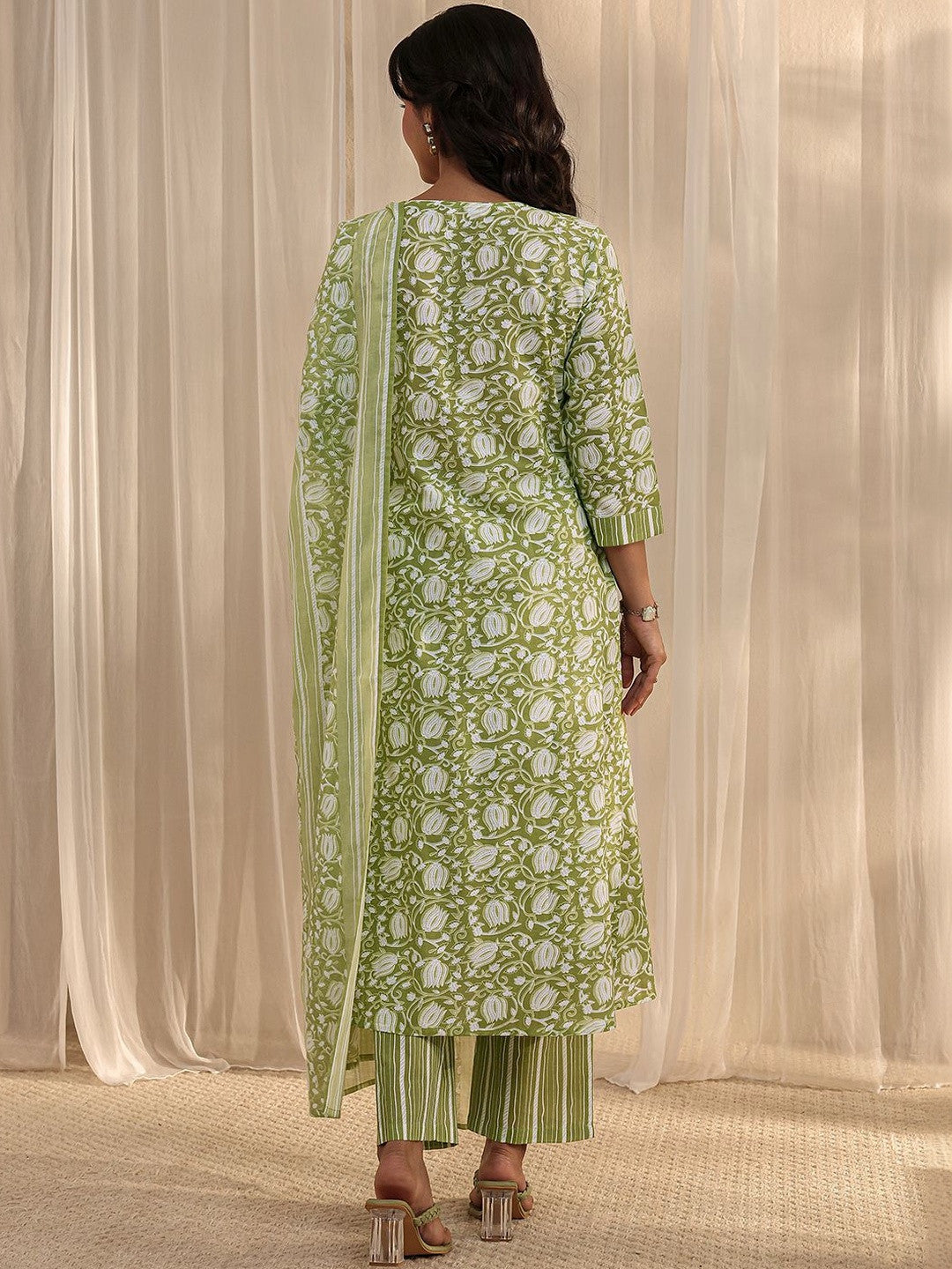 Libas Green Floral Printed Cotton A-Line Suit Set with Dupatta