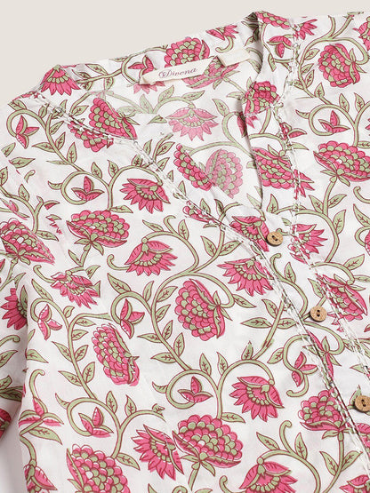 Dhiyona KL Floral Printed Mandarin Collar Pure Cotton Anarkali Kurta With Palazzos & Dupatta