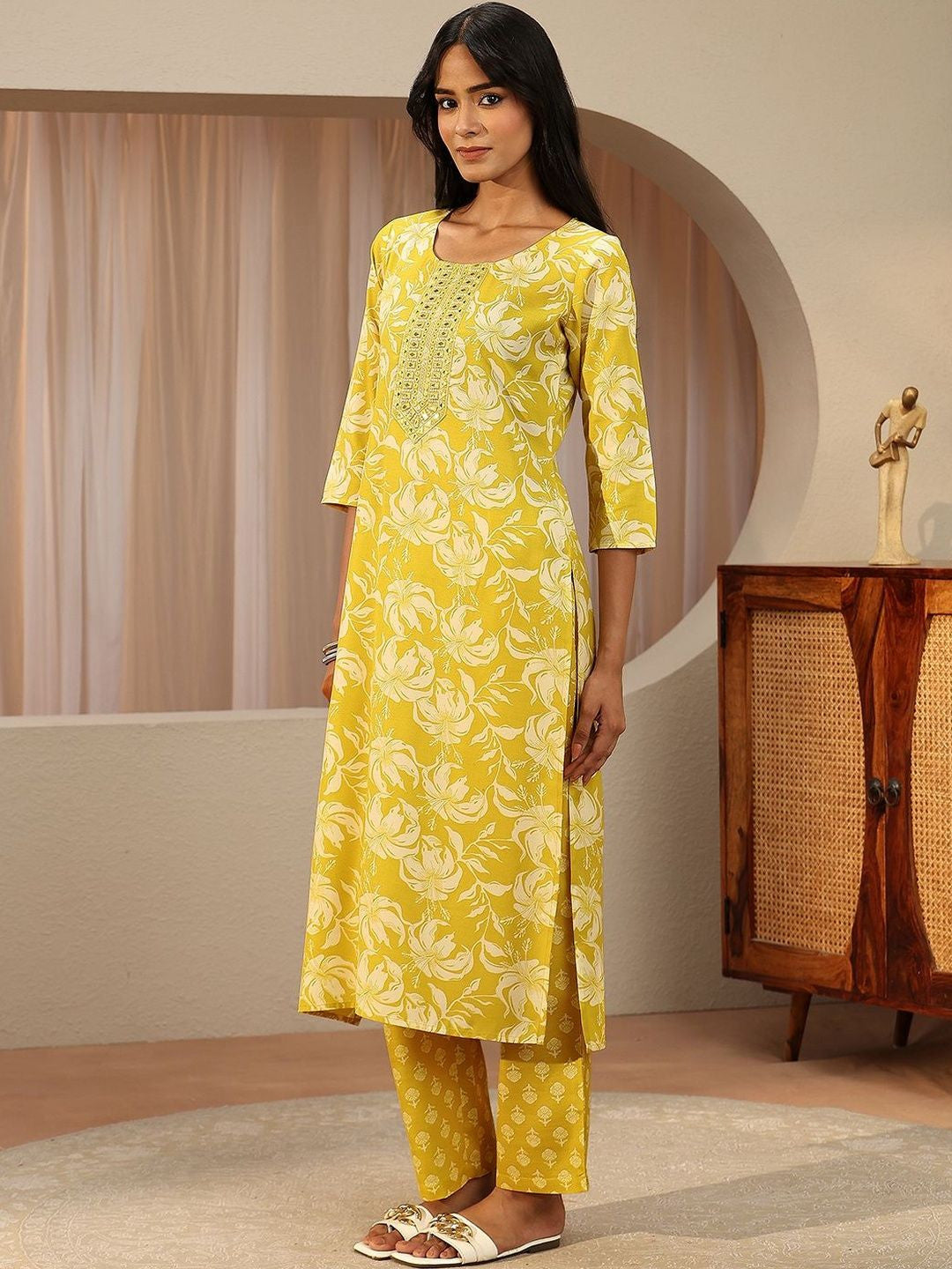Lime Yellow Floral Printed Cotton Straight Suit Set