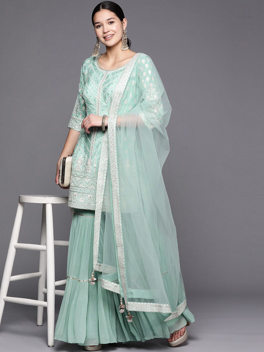 Dhiyona LL Embroidered Regular Pure Silk Kurti with Sharara & Dupatta