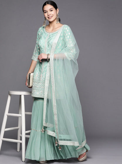Dhiyona LL Embroidered Regular Pure Silk Kurti with Sharara & Dupatta