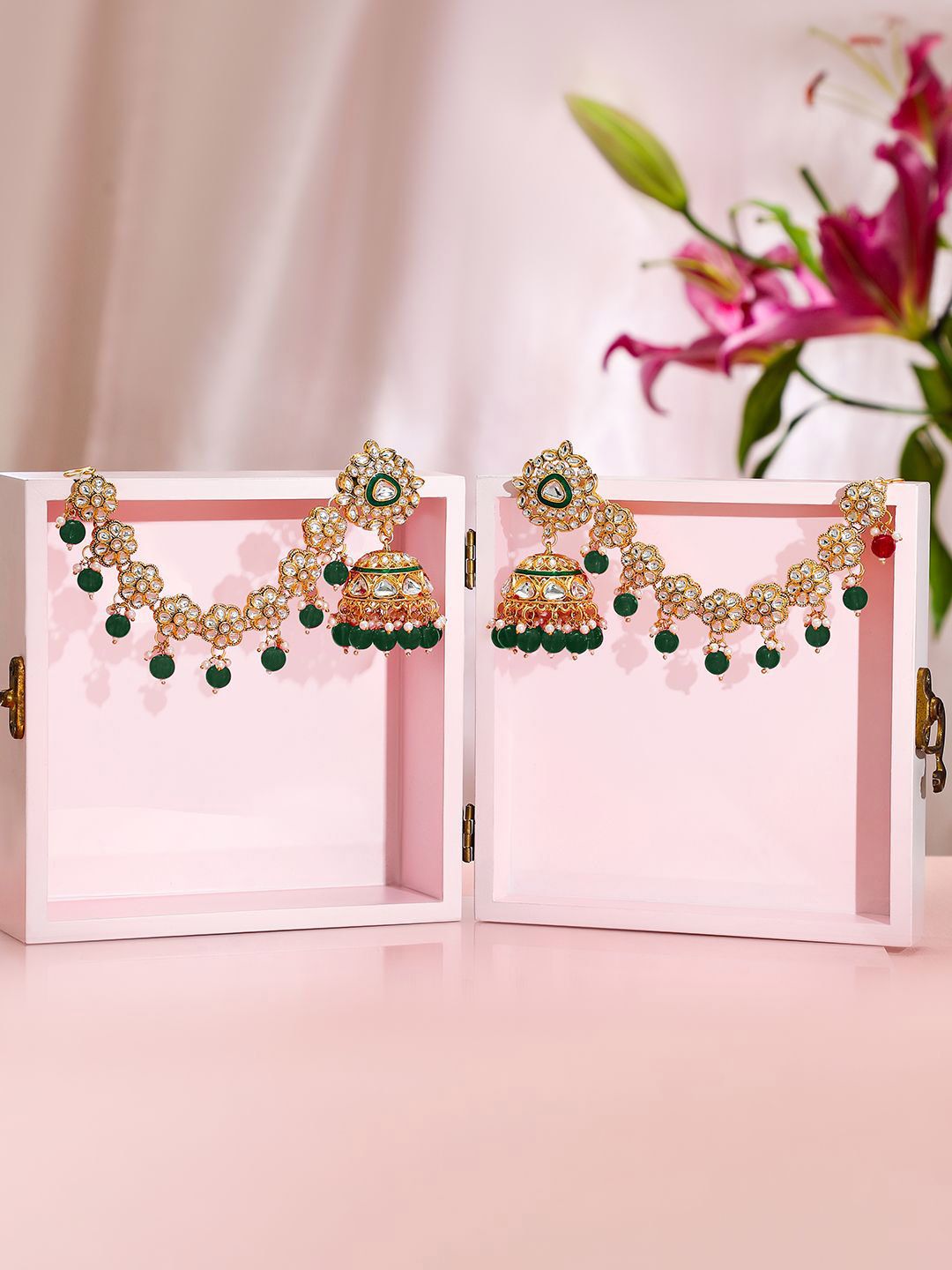 Dhiyona RJ Women's 22K Gold-Plated Kundan Studed Kan Chain Earring with Green Beads & Enamel Detailing