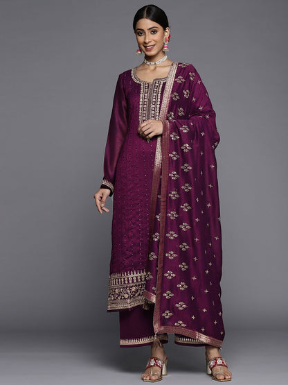 Dhiyona LL Women Purple Floral Embroidered Sequinned Kurta with Palazzos & Dupatta