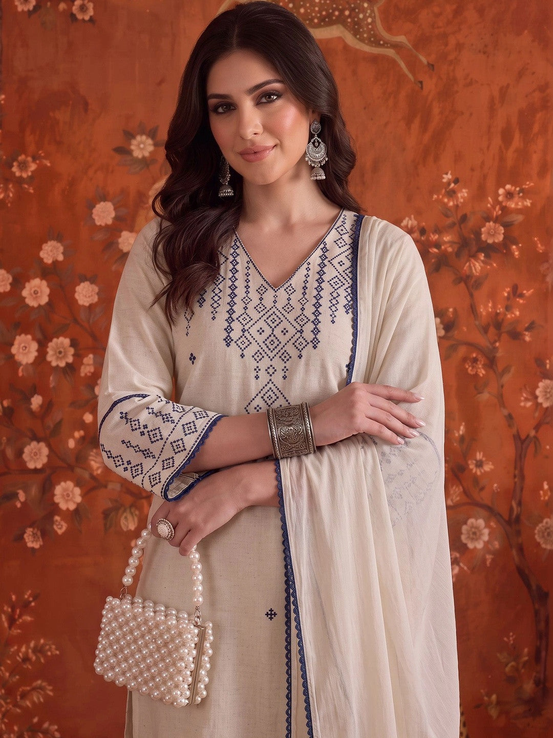 Embroidered V Neck Kurta Sets