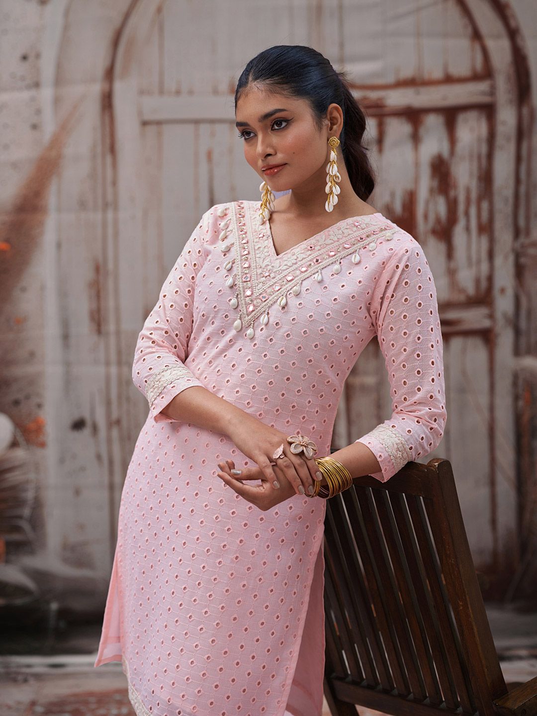 Dhiyona CH Women Solid Yoke Design Cotton Kurta with Trousers