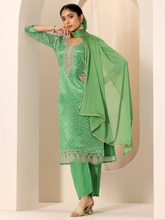Women Bandhani Printed Sequinned V-Neck Straight Kurta With Trouser And Dupatta